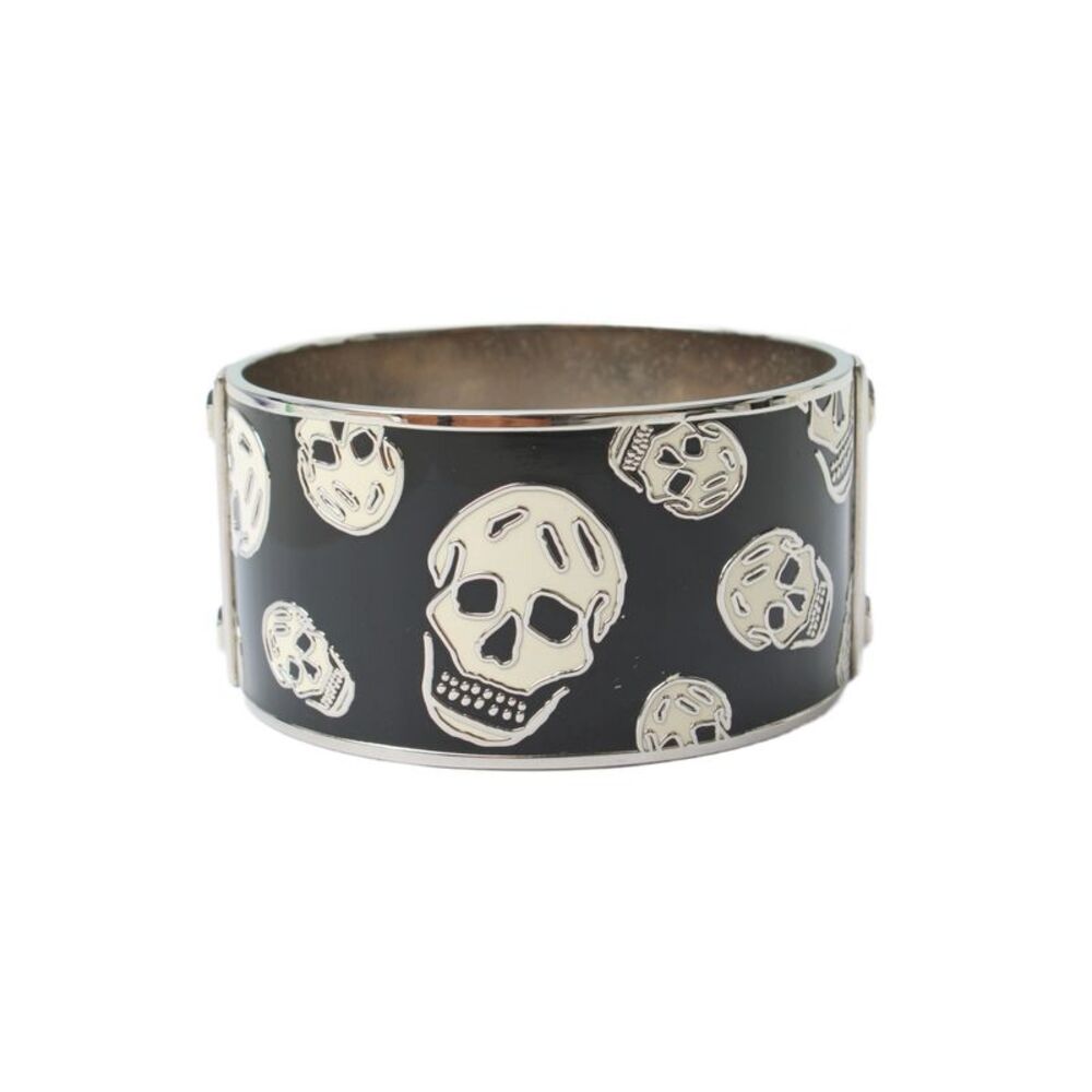 Alexander McQueen Womens Silver Tone Enamel Skull Wide Bangle Bracelet